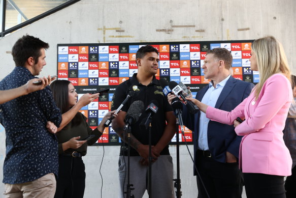 South Sydney Rabbitohs player Latrell Mitchell speaks to media about online abuse.
