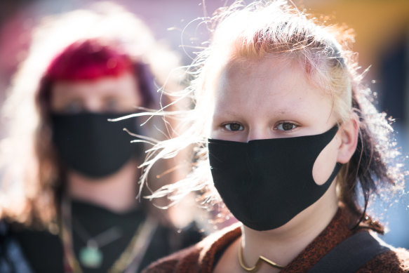 Saffron Walker and Dorien Gastin wore masks on Brunswick Street in  Fitzroy on Wednesday.