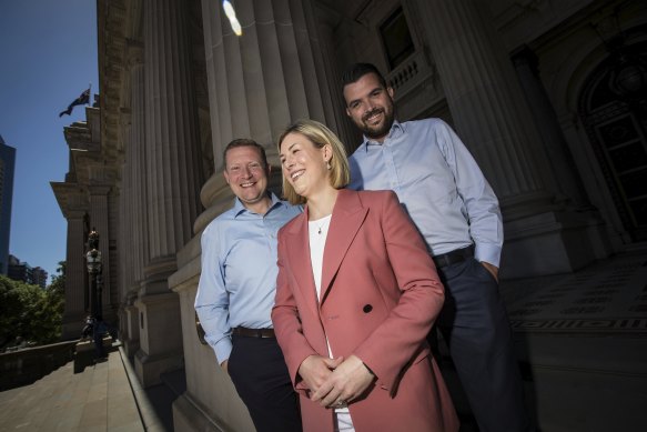Thirty-something, Liberal and on the frontbench: Brad Rowswell (left), Jess Wilson and Evan Mulholland on Sunday.