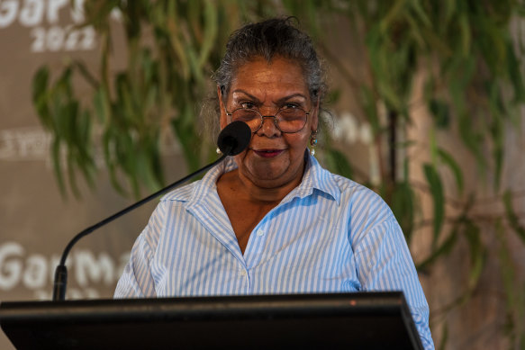 June Oscar AO speaks at a forum during the Garma Festival at Gulkula in East Arnhem Land in July.