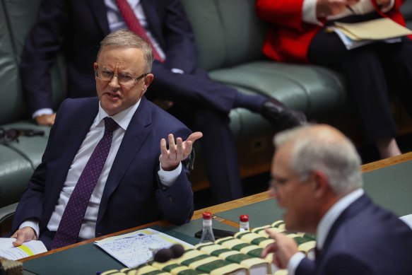 Prime Minister Scott Morrison and Opposition Leader Anthony Albanese during Question Time on May 26, 2021.
