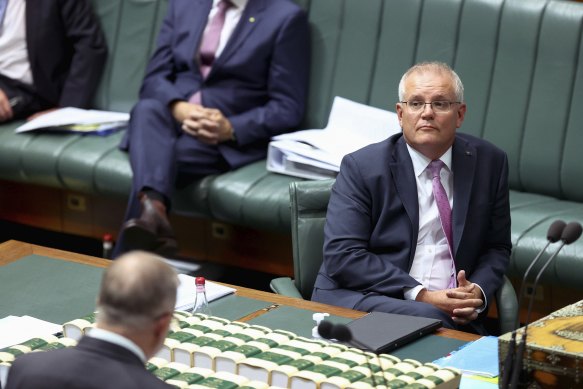 Scott Morrison listens as then-opposition leader Anthony Albanese criticises him in parliament on March 15, 2021, over the then-prime minister’s response to the March 4 Justice rally. 
