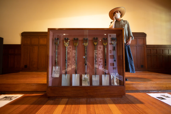 The shovels used in ceremonial plantings are on display.