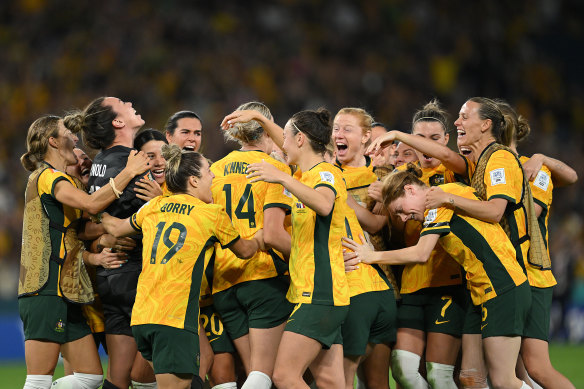 The Matildas celebrate their win.