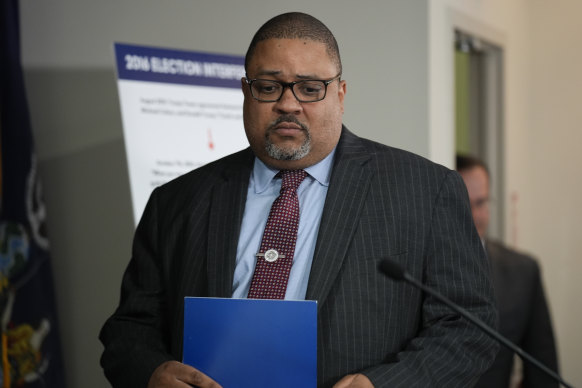 Manhattan District Attorney Alvin Bragg speaks to the media after a jury found former president Donald Trump guilty on 34 felony counts of falsifying business records.