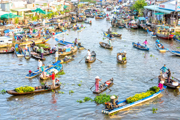 A floating market on the river.