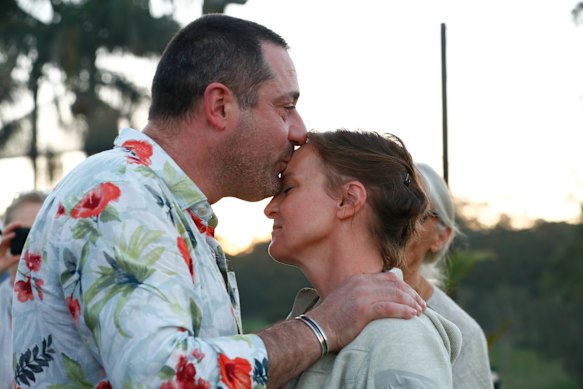 Theo Hayez's mother Vinciane Delforge with Byron local Christos Tsesmetzis who helped the family with the search from its beginning.