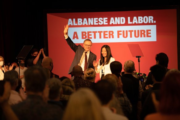 Labor leader Anthony Albanese campaigns with candidate for Reid Sally Sitou.