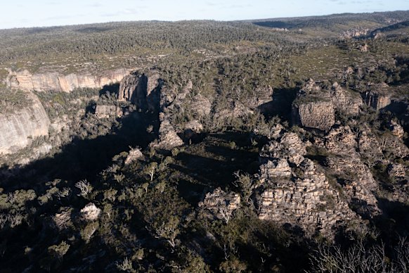 An aerial view of the stone pagodas and massive Carne Creek Gorge in the Gardens of Stone State Conservation Area.