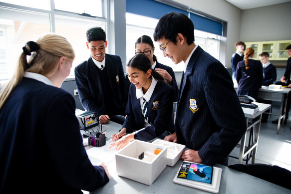 A class of year 11 physics students at Five Dock’s Rosebank College. Principal Iris Nastasi said the school has about 50 physics students in the senior years and recruiting teachers for sciences is increasingly difficult.  