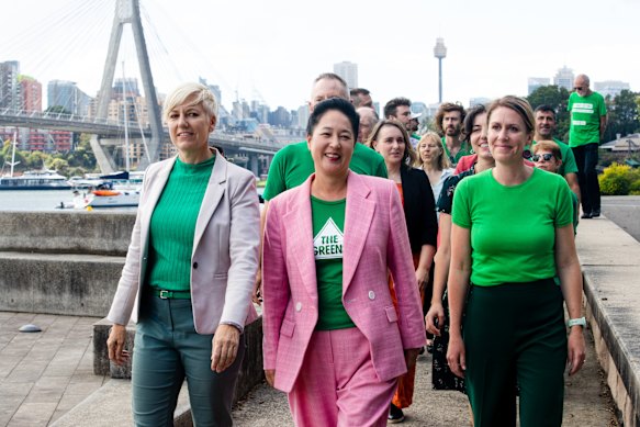 Greens MP upper house Cate Faehrmann, Greens MP Jenny Leong (Newtown), Greens candidate Kobi Shetty (Balmain) in Glebe ahead of the election last week.