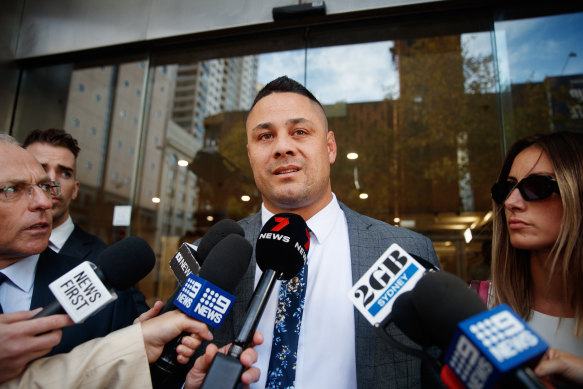 Jarryd Hayne speaks outside court on Tuesday.