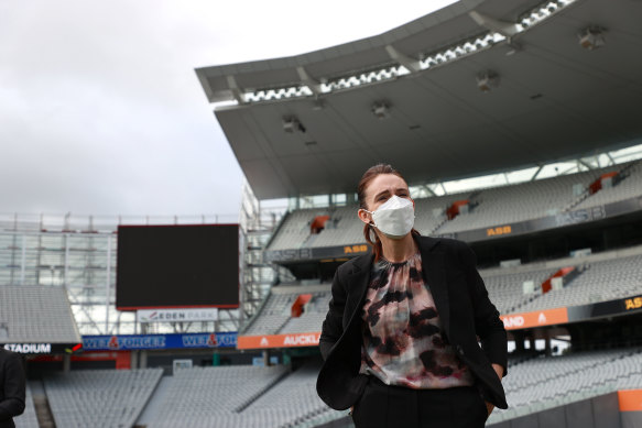 Ardern visiting Auckland’s Eden Park, a famous venue for rugby union and cricket, as the country prepared to open following the pandemic.