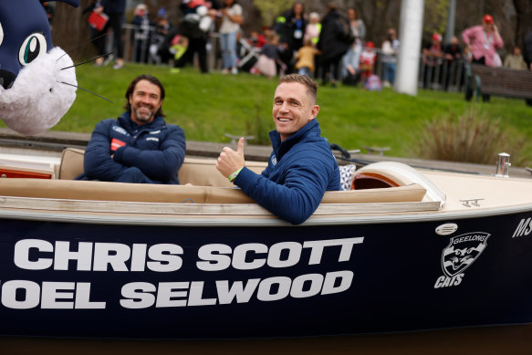 Cats coach Chris Scott and team skipper Joel Selwood at the parade