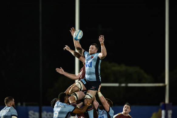 Jed Holloway wins a lineout during the Waratahs-Reds trial in Roma.