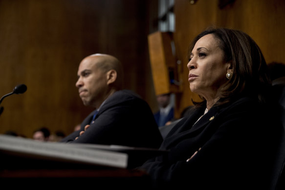 Kamala Harris as a senator in 2019 with colleague Cory Booker.