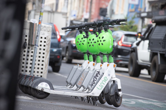 E-scooters lined up in Melbourne in December.