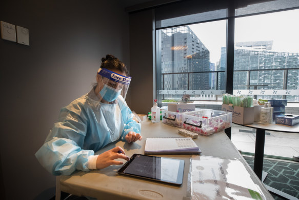 A coronavirus testing room at a quarantine hotel in Melbourne.