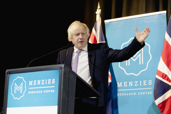 Former British prime minister Boris Johnson delivers the 11th John Howard Lecture for the Menzies Research Centre in Sydney.