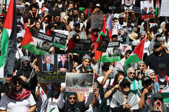 Palestine supporters gather during a protest at Town Hall on Saturday.