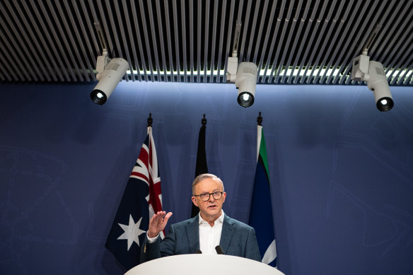 Prime Minister Anthony Albanese speaking to the media earlier this month.