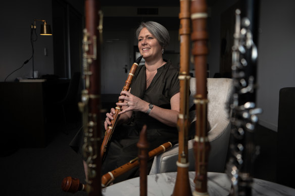 Nicole van Bruggen holds her basset clarinet, a replica of the instrument commissioned by Mozart. 