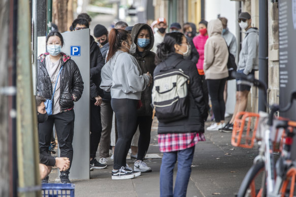 The queue for Centrelink and Medicare at Darlinghurst, Sydney, earlier this year. 