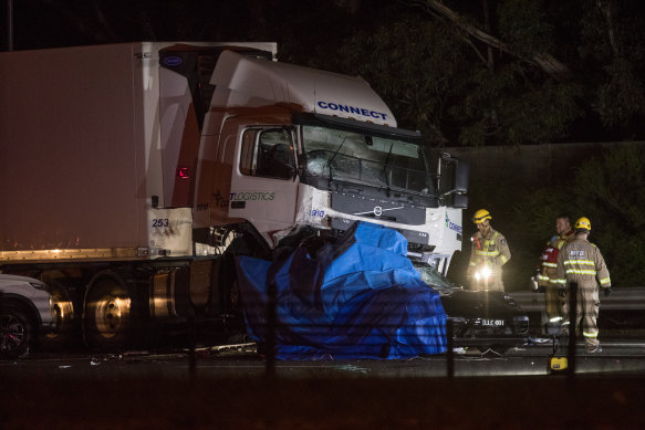 The scene of the crash on the Eastern Freeway, Kew, in Victoria, which claimed the life of four police officers.