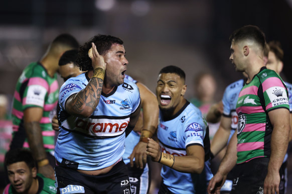 Andrew Fifita celebrates scoring a try.