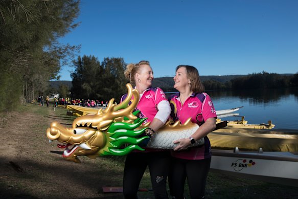 Fiona Dews (at left) and Rose Glassock: “Our close friendship has been the best bonus of breast cancer, along with the dragon boats,” Dews says.