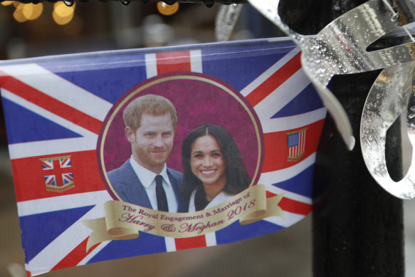 A flag celebrating the wedding of Prince Harry and Meghan in May 2018.
