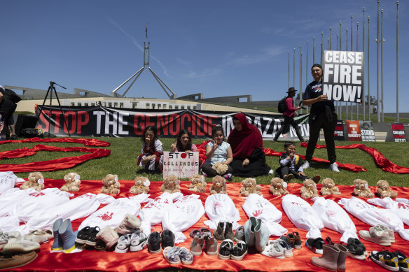 The pro-Palestine rally outside Parliament House in Canberra.