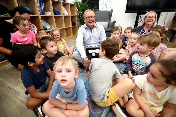 Prime Minister Anthony Albanese visiting an early learning centre, many of which are understaffed.