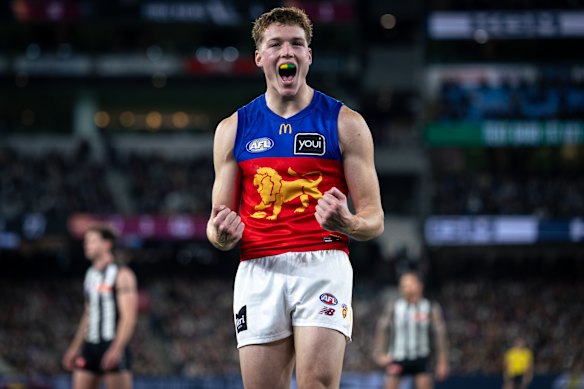 Logan Morris beams after a goal.