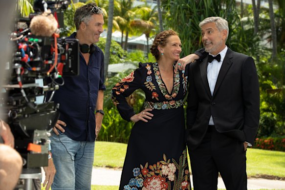 Director Ol Parker with Julia Roberts and George Clooney on the set of Ticket to Paradise, which was shot in Queensland.