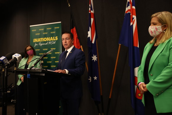 NSW Nationals leader Paul Toole alongside deputy leader Bronnie Taylor, right, and Education Minister Sarah Mitchell. 