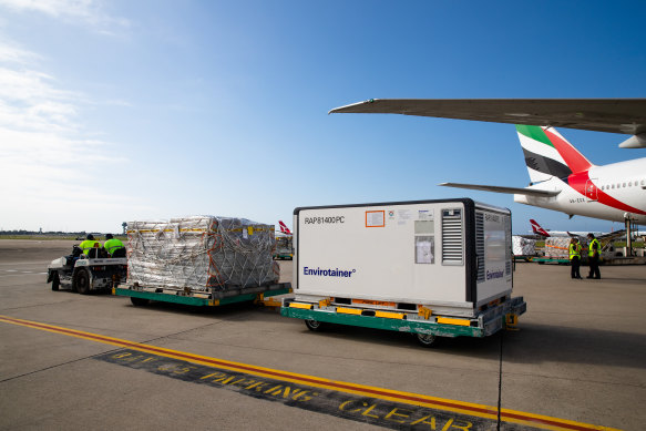 The first vials of the AstraZeneca COVID-19 vaccine arriving at Sydney Airport on Sunday morning.