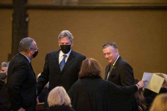 Sam Newman and Eddie McGuire at Bert Newton’s funeral. 