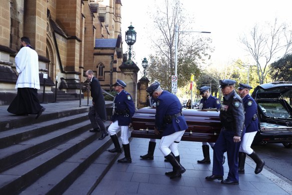 Bob Fulton’s casket arriving at St Mary’s Cathedral this morning.  