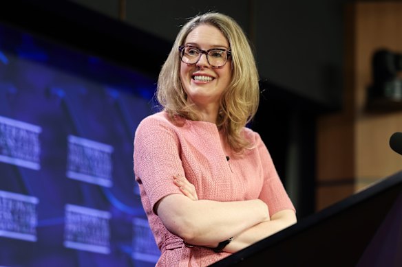 Danielle Wood during an address to the National Press Club of Australia in Canberra on Monday.