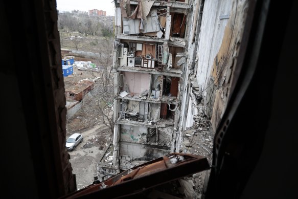 A view of an apartment building, damaged during a heavy fighting in Mariupol in the Russian-controlled Donetsk region.