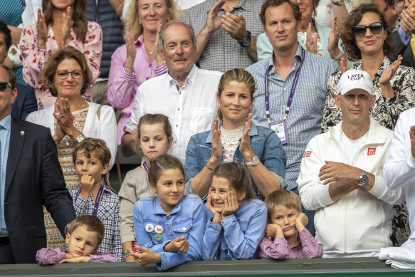 Federer’s wife Mirka  with their twin girls, Charlene 
and Myla, and twin boys, Lenny 
and Leo, at the Wimbledon final in 2019.