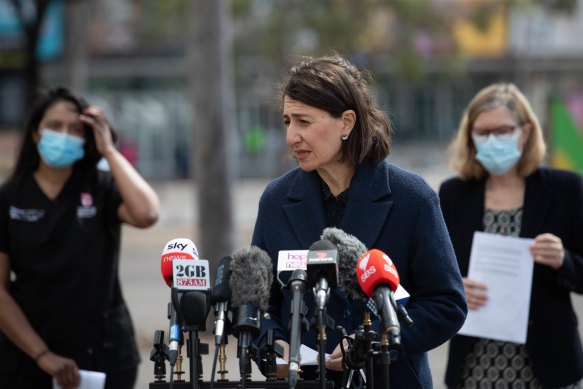 NSW Premier Gladys Berejiklian at a Covid-19 briefing at Qudos Arena, Homebush in Sydney. 