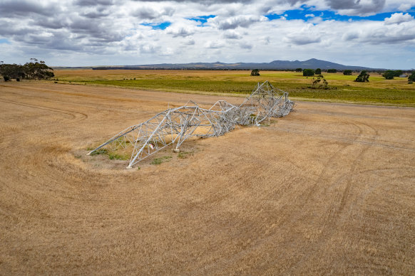 Downed transmission towers that collapsed near Geelong after wild weather last Tuesday.