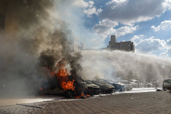 A blaze following a rocket attack from Gaza in Ashkelon on October 7.