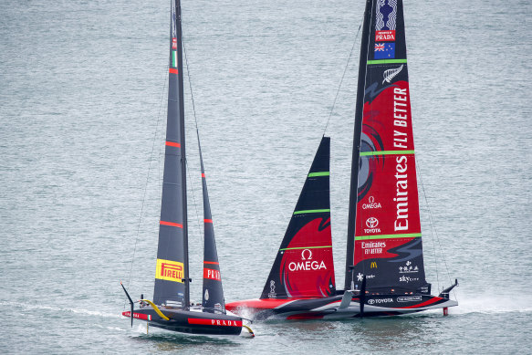 Team New Zealand (right) and Italy’s Luna Rossa staged a tense battle in race nine on Auckland Harbour on Tuesday.