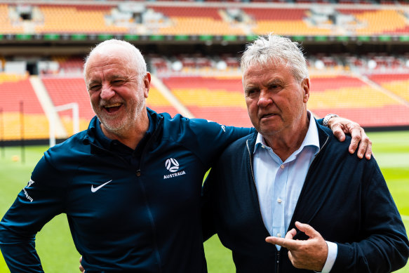 Socceroos coach Graham Arnold and his beloved predecessor Guus Hiddink, who spearheaded Australia’s famous 2006 run to the round of 16.