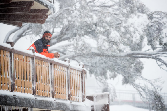 Anton Grimus, a former Winter Olympian, on a snowy Mt Buller on Friday. Villagers are waiting hear if the resort will be able to operate this season.