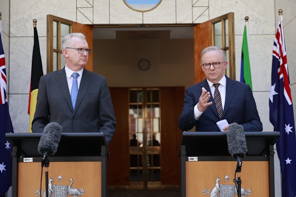 Prime Minister Anthony Albanese (right) and Home Affairs Minister Tony Burke on December 19.