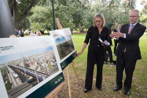 Jacinta Allan, then Victoria’s transport infrastructure minister, and Paul Fletcher, the then federal urban infrastructure minister, at a press conference on the Airport Rail Link in 2021.